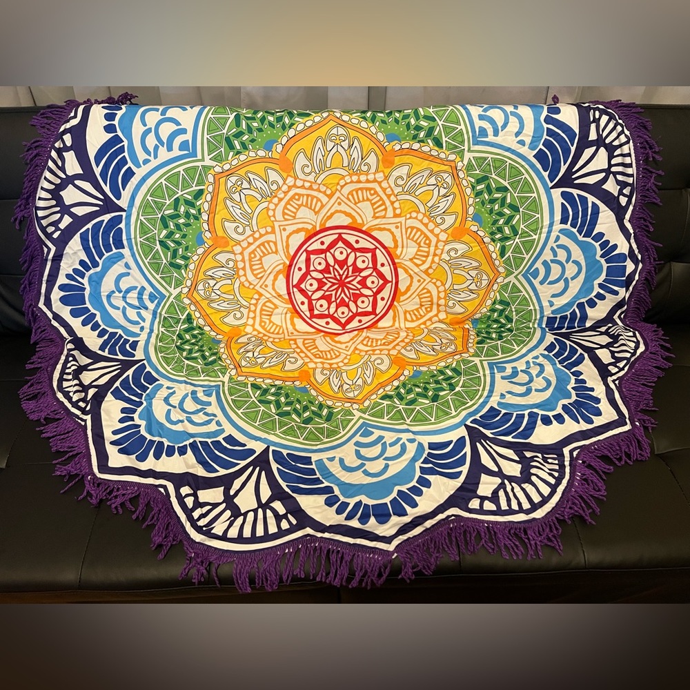 Round Rainbow Mandala Tapestry with Purple Tassels💜